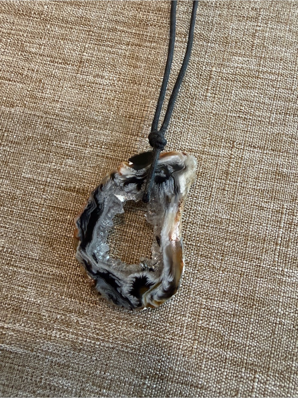 Black and Gray Agate Slice Pendant Necklace